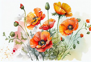 Watercolor Illustration of a Colorful Poppy Wildflowers In Spring. Generative AI