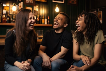 A cheerful moment of friends of different cultures sharing a joke in a lively pub.Generative AI