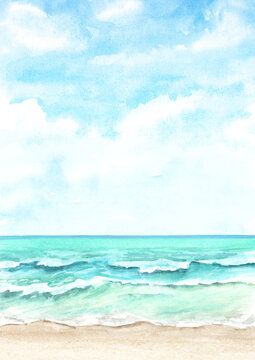 Seascape.Tropical beach  with sea, sand and blue sky, summer vacation concept and background. Hand drawn watercolor illustration