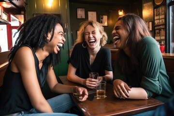 A cheerful moment of friends of different cultures sharing a joke in a lively pub.Generative AI - obrazy, fototapety, plakaty