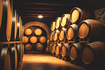 Wine cellar with Wine barrels. Grape barrels in old wine storage. Wooden oak barrels with whiskey in storage. Vintage Wine in an old barrel. Storage of whiskey. Barrel storage of rum, Ai Generate - obrazy, fototapety, plakaty
