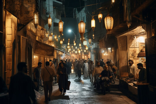People on the busy night street of the eastern city, ramadan holiday concept. Generative AI