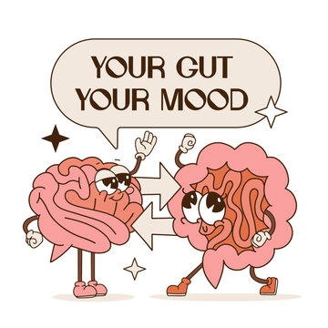 Gut And Brain Retro Cartoon Characters Connection. Health Of The Brain And The Gut Are Interwinded. Medical, Scientific, Healthcare Concept. Contour Vector Illustration With Text Your Gut, Your Mood.