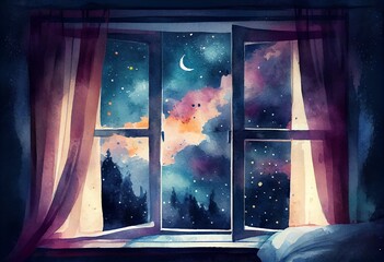 Watercolor Illustration of a Galaxy Sky View Through Big Bedroom Windows, Midnight Time, Idea For Imagination And Dream Concept. Generative AI