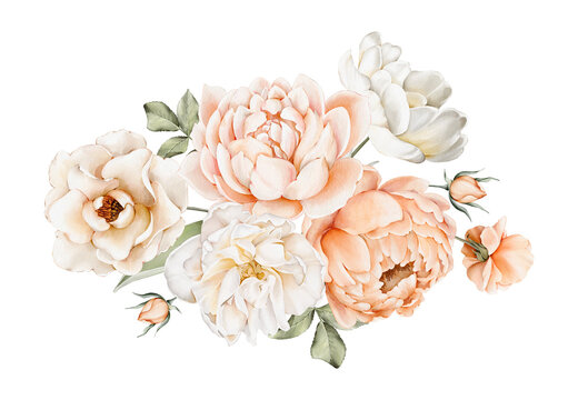 Watercolor floral bouquet of white, peach, pink flowers, green leaves. Illustrations, isolated on white background for wedding invitations, postcards