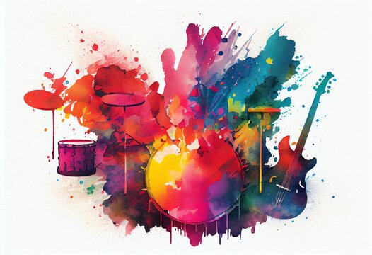 Watercolor Illustration of a Guitars And Drums With Rainbow Paint Energetic Explosion. Generative AI