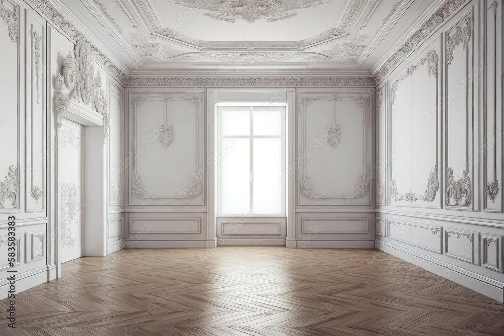 Canvas Prints white interior with modern classic baroque wall panels, molding, and wooden floor. mock up for an il