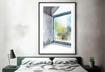 Watercolor Illustration of a Interior Of Bedroom And Concrete Wall With Vertical Window. Generative AI