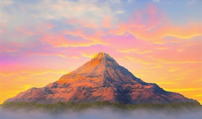  a painting of a mountain with a pink sky in the background.  generative ai