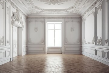 White interior with modern classic baroque wall panels, molding, and wooden floor. mock up for an illustration. Generative AI - obrazy, fototapety, plakaty