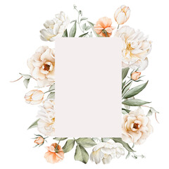 Watercolor floral frame with flowers and leaves. Isolated on white background. Illustration for wedding invitation, save the date or greeting cards.