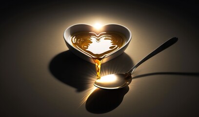  a spoon with liquid pouring out of it next to a heart shaped bowl.  generative ai