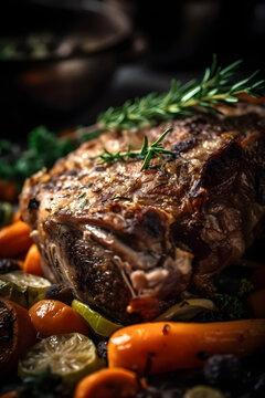 Whole roasted pork neck, stewed in wine with vegetables. (generative ai)