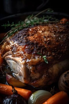 Whole roasted pork neck, stewed in wine with vegetables. (generative ai)
