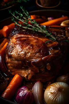 Whole roasted pork neck, stewed in wine with vegetables. (generative ai)