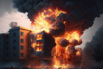 Apartment building in flames and explosion, illustration generative AI