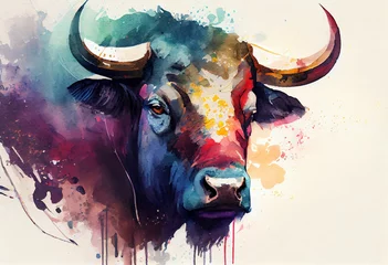  Watercolor Illustration of a Portrait Face Of Bull With Colorful Paint. Generative AI © Pixel Matrix