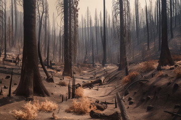 Burnt trees after a forest fire. consequences. Generative AI