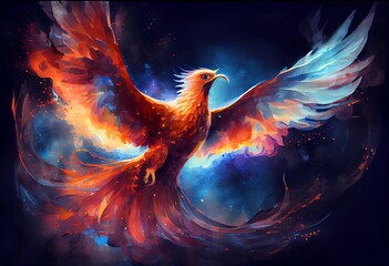 Watercolor Illustration of a Powerful Epic Legendary Phoenix Spreading Glowing Wing In Universe. Spiritual Animal Awakening Concept.Magical Fantasy Epic Wallpaper. Generative AI