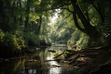 Peaceful calm landscape of a river in a dense toic forest. Generative AI