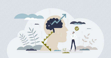 Growth mindset with improvement and development thinking tiny person concept. Positive attitude for business or personal intelligence vector illustration. Mind skills education as ladders or stairs.