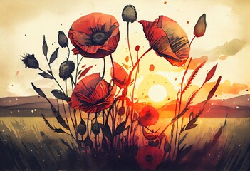 Watercolor Illustration of a Red Poppies In The Field In The Sunset. Generative AI