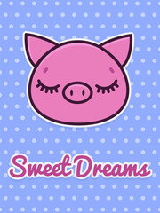 Sweet dreams postcard. Sleeping cute cartoon pig. Vector illustration