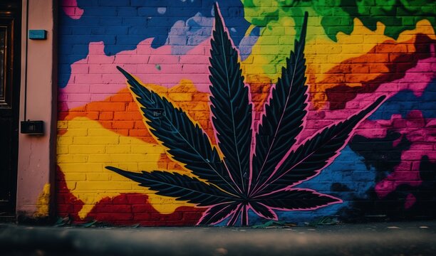  a mural of a marijuana leaf painted on a brick wall.  generative ai