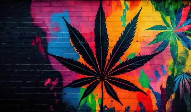  a mural of a marijuana leaf painted on a brick wall.  generative ai