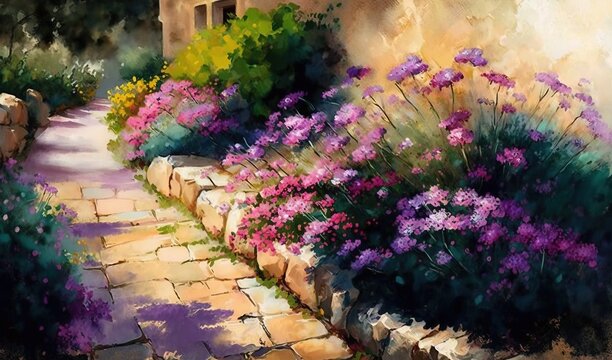  a painting of a garden scene with flowers and a path.  generative ai