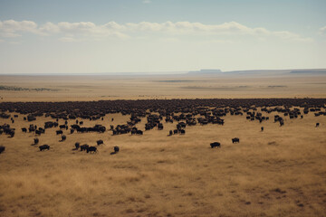 Fototapeta na wymiar A herd of bison on the wide plains of America. Generative AI