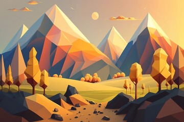 Fototapeta na wymiar Generative ai. A low poly landscape with mountains and trees in the background.