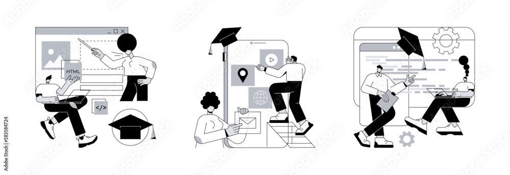 Poster information technology career abstract concept vector illustration set. web development courses, mob