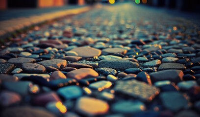 Obraz premium a close up of a cobblestone street with a traffic light in the background. generative ai