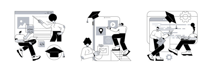 Information technology career abstract concept vector illustration set. Web development courses, mobile app development and IT management classes, junior frontend, online coding abstract metaphor.