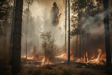 Fototapeta na wymiar Forest fire, flames and smoke among the trees. Generative AI