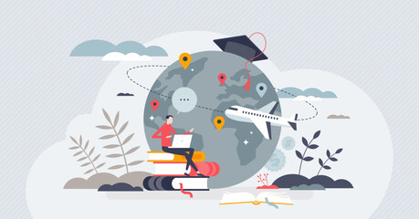 Study abroad programs for global education learning tiny person concept. International knowledge learning from foreign university, school or college vector illustration. Worldwide academic training.
