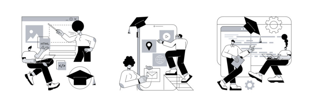 Information technology career abstract concept vector illustration set. Web development courses, mobile app development and IT management classes, junior frontend, online coding abstract metaphor.