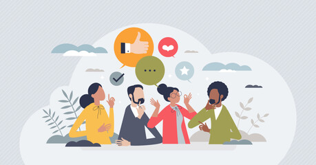 Soft skills as positive teamwork communication ability tiny person concept. Partnership and collaboration for business project with empathy, common sense and social intelligence vector illustration. - obrazy, fototapety, plakaty