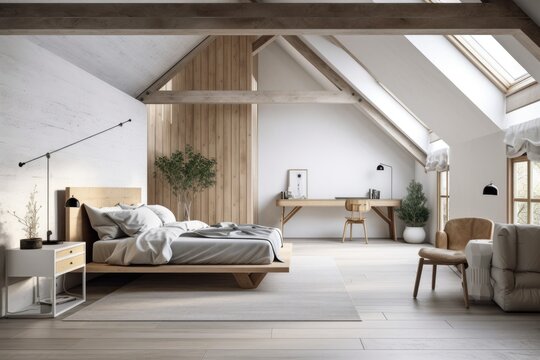 White attic bedroom with a wooden ceiling, white walls, white floors, and white and gray furniture including a bed with a table next to it. Poster up close. a mockup. Generative AI