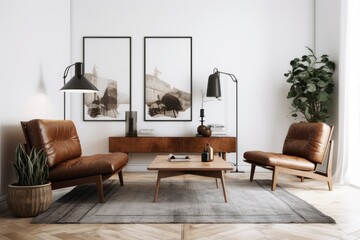 Interior of living room with leather armchair, carpet, floor lamp, and coffee table on hardwood floors. Two blank horizontal posters on white wall. Generative AI