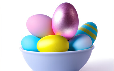 Eggs on white background. Painted Decorative Easter Eggs for Easter day celebration. Holiday Banner for Easter egg hunt. Generative AI	