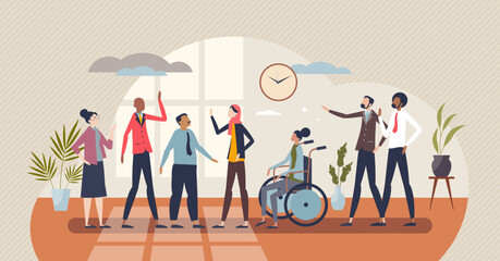 Diversity in workplace as team with different ethnicity, race or gender tiny person concept. Unite business teamwork with disabled employee and different social groups together vector illustration.