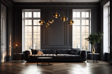 In a room with a large window and five ceiling lamps, there is a long, black sofa. Generative AI