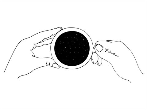 Female hands with a cup inside which a starry sky or space, imagination contemporary creative art,