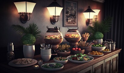 Fototapeta premium a buffet table with a variety of food on it, including fruit and vegetables. generative ai