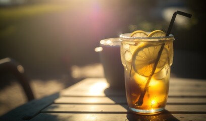  a glass of iced tea with lemon slices and a straw.  generative ai