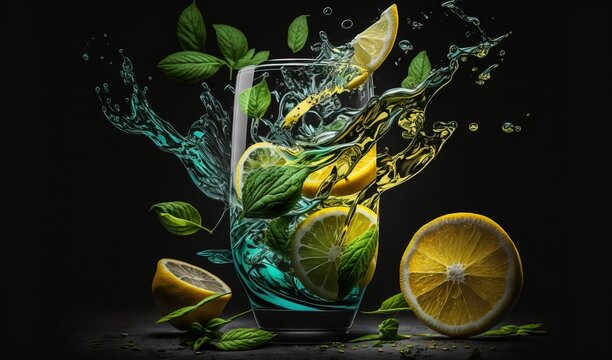 a glass of water with lemons and mints in it.  generative ai