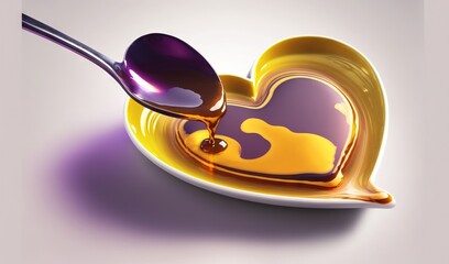  a spoon with liquid pouring out of it onto a heart shaped dish.  generative ai