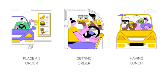 Drive in restaurant isolated cartoon vector illustrations set. People drive in for ordering takeaway food and drinks, get order from restaurant worker, eating yummy burger in the car vector cartoon.
